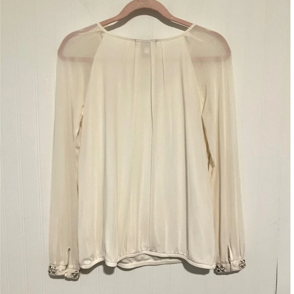 Focus 2000 Blouse Womens Small Ivory Sheer Sleeve Pearl Cuff Pleated office wear